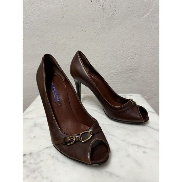 Women Classic Ralph Lauren Brown‎ Leather Peep Toe Pumps Shoes 7.5 - Picture 1 of 9